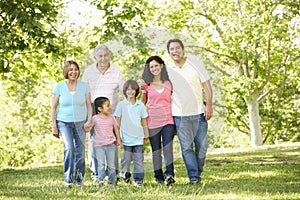 Multi Generation Hispanic Family Walking In Park