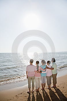 Multi generational family, arms around each other by the beach, rear view