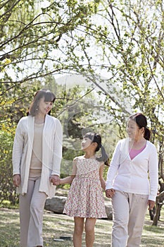 Multi-generational family, grandmother, mother, and daughter holding hands and going for a walk in the park in springtime