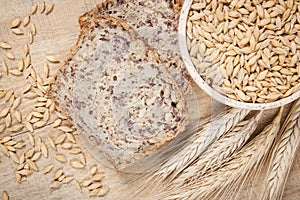 Multi-grain bread on a wooden background. Healthy food concept.