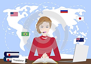 Multi language translator concept illustration. Girl on computer talking different languages using translation app