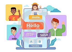 Multi language translator. Smartphone chat app, international multilingual communication, kids avatars and dialogue