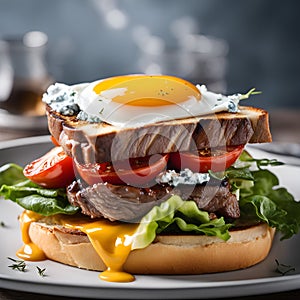 Multi-layer sandwich with fried eggs and beef steak, fried tomatoes .