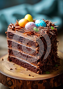 Multi-layered chocolate cake with pastel Easter eggs and cream frosting. Easter cake photo