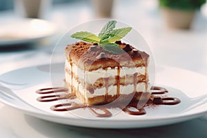 Multi-layered coffee cake in a cafe