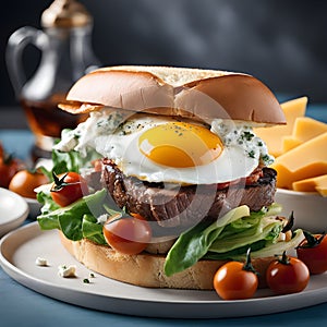 Multi-layered sandwich with fried egg and beef steak, fried tomato .