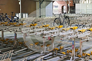 Multi level bicycles parking indoor garage near the Asakusa, Tokyo, Japan