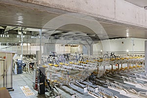 Multi level bicycles parking indoor garage near the Asakusa, Tokyo, Japan