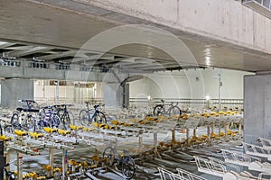 Multi level bicycles parking indoor garage near the Asakusa, Tokyo, Japan