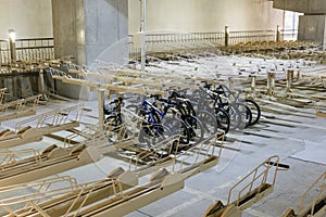 Multi level bicycles parking indoor garage near the Asakusa, Tokyo, Japan