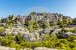 A multi-level ridge of weathered limestone in the Karst landscape of El Torcal near to Antequera, Spain