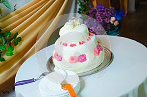Multi level wedding cake with pink flower decorations
