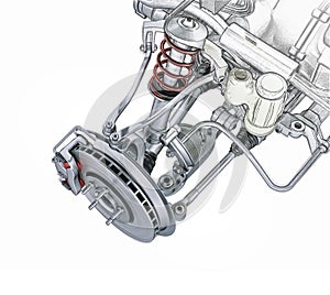 Multi link front car suspension, with brake.