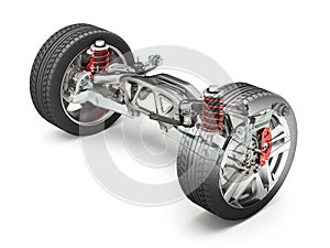 Multi link rear car suspension, with brakes and wheels.