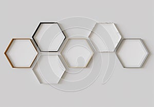 Multi material hexagon blank photo frames mockup hanging on interior wall. Hexagonal pictures on painted surface. 3D rendering