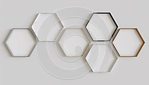 Multi material hexagon blank photo frames mockup hanging on interior wall. Hexagonal pictures on painted surface. 3D rendering