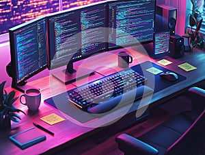 High-Tech Coding Workspace with Neon Lights at Night