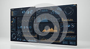 A multi-panel digital dashboard displaying various data visualizations, including bar