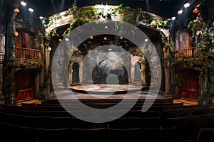 multi-purpose stage set with doors, windows, outside backdrop and vines.