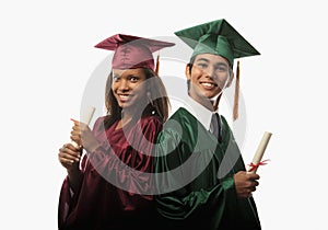 Multi racial couple in cap and gown