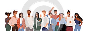 Multi racial group of people, concept work together, student friendship, happy modern men and women, flat cartoon vector
