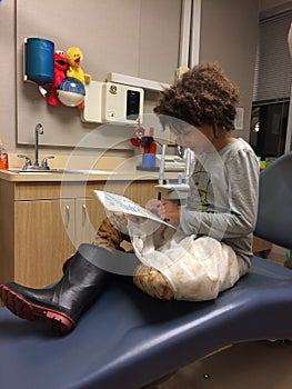 Multi Racial tween girl in dentist chair