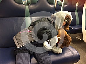 Multi Racial tween girl sleeping on train with hat and horse