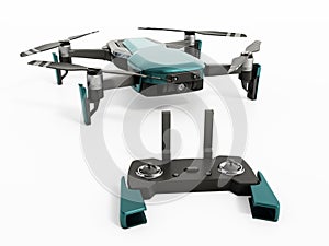 Multi rotor drone and remote control isolated on white background. 3D illustration