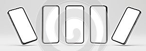 multi screen mockup. Smartphone 3D Illustration Mockup Scene on Isolated white Background. Set of modern frameless cellphone with
