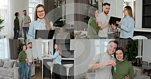 Multi-screen of real estate agent sign contract and giving home keys to happy couple. Couple moving to new apartment