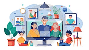 The multi-screen setup allows for an intimate and engaging virtual family gathering photo