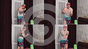 Multi-screen shot of sportsman guy in funny clothes dancing at home, man making sport exercises