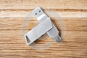 multi-sockets USB flash disk on a wood background