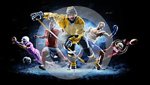 Multi sport collage football boxing soccer ice hockey on black background
