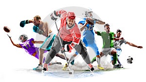 Multi sport collage football boxing soccer ice hockey on white background