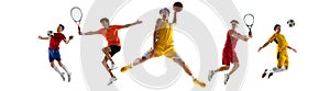 Multi sport collage. Football, tennis and basketball male players, sportsmen isolated on white background. Flyer