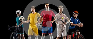 Multi sport collage. Football, tennis male players and cyclists, sportsmen isolated on white background. Flyer