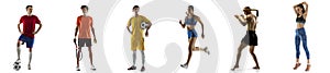 Multi sport collage football tennis soccer, boxer and runner sportsmen isolated on white background. Flyer