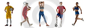 Multi sport collage football tennis soccer and runner sportsmen isolated on white background. Flyer