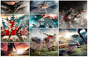 Multi sports collage about basketball, American football players and fit running woman