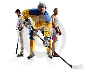 Multi sports collage ice hockey baseball boxing isolated on white