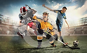 Multi sports collage about ice hockey, soccer and American football screaming players at stadium