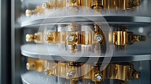 Multi stage fridge tower with gold plated components subtle frost capturing cooling system for quantum devices