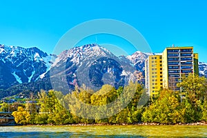 A multi-storey house in the mountains in spring