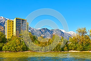 A multi-storey house in the mountains in spring