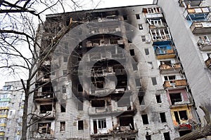 A multi-storey residential building in Chernihiv damaged by shelling by Russian troops and subsequent fire