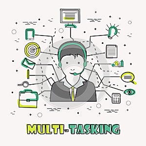 Multi-Tasking Businessman with Infographic elements.