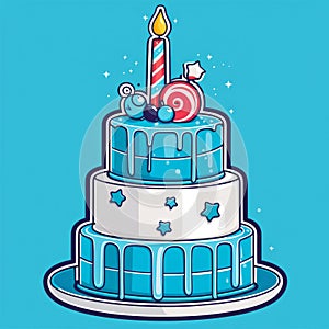 multi-tiered cake with burning candle for birthday party on blue background. Cute illustration