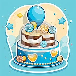 multi-tiered cake with candies and balloon on top for birthday party, stars on blue background. Cute illustration.