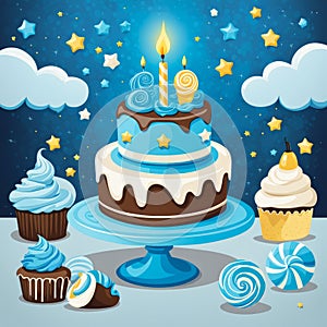 multi-tiered cake with candies and candle on top for birthday party, stars on blue background. Cute illustration.
